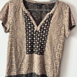 Lucky Brand Boho Patchwork Top, Cotton Modal ,Split Neck Short Sleeve Tee, Small